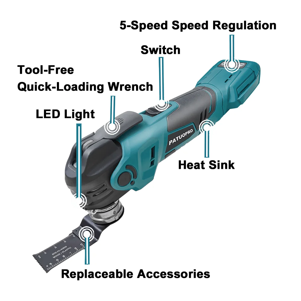 PATUOPRO 5-Speed Cordless Brushless Oscillating Multi Tools Portable Cutting Grinding Trimming Power Tool For Makita 18V Battery
