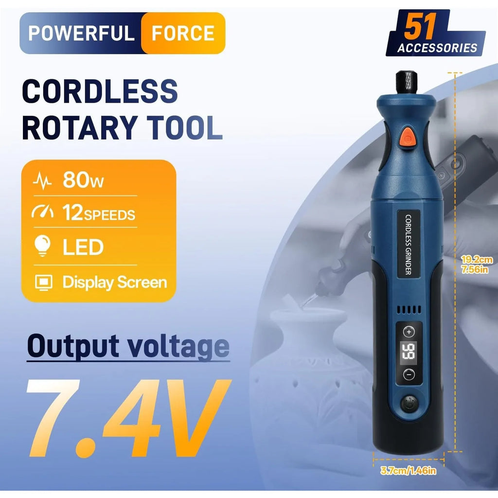 Cordless Rotary Tool Kit Mini, 7.4V 12-Speed Power USB Rechargeable, for DIY Crafts, Wood Carving, Polishing, Sanding, Drilling