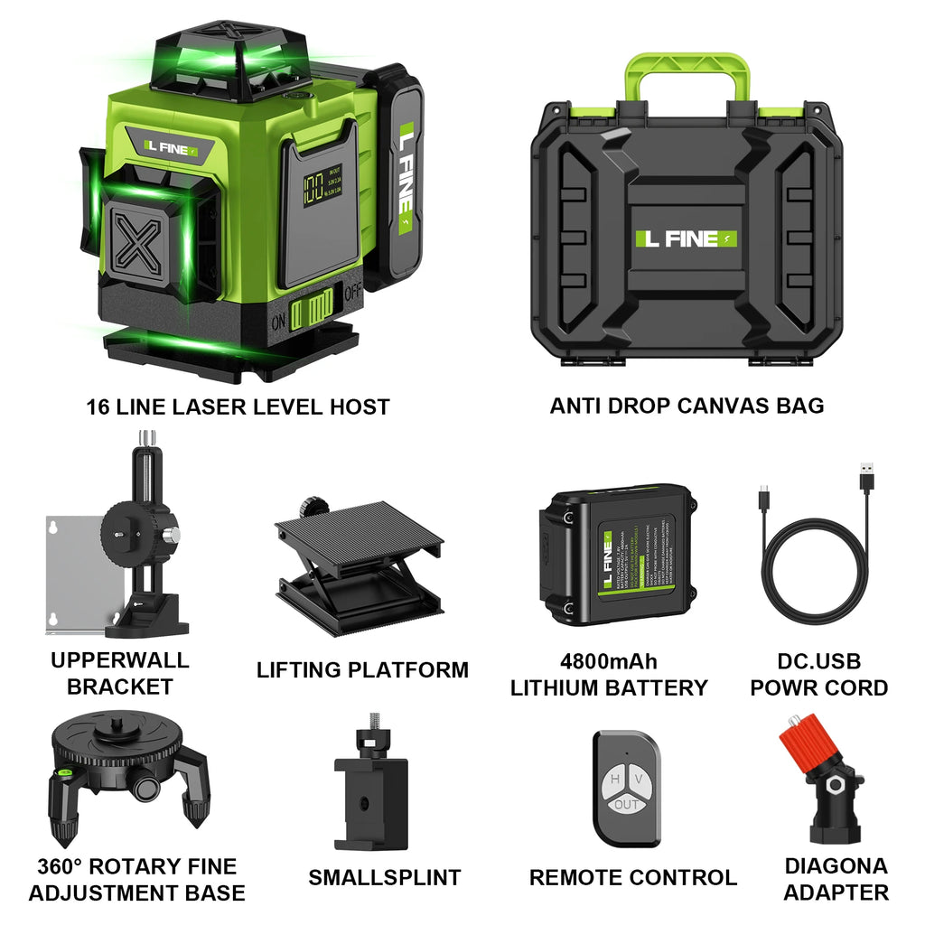 Lfine Nivel Laser 4D 16 Lines 360°Self-leveling Laser Levels withTripod and Suitcase Green Lines Professional Laser Level Tool