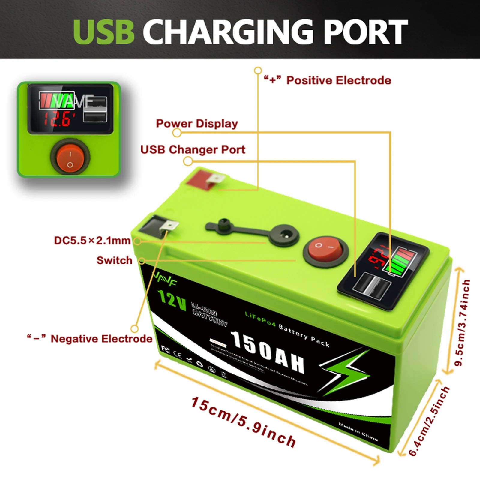 12V LiFePO4 150Ah Lithium Battery 4000+ Deep Cycles, for Power Wheels Toys, Scooter🍠Radio, UPS, Kayak Fish Finder, Solar Panel