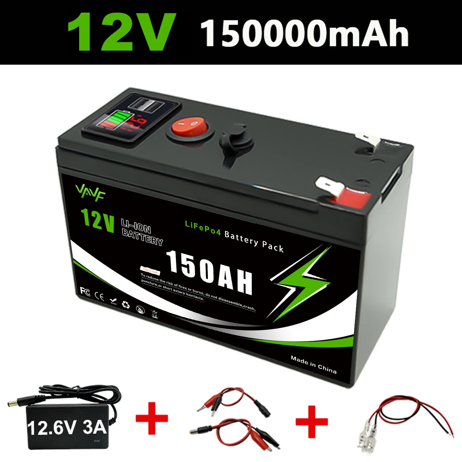 12V LiFePO4 150Ah Lithium Battery 4000+ Deep Cycles, for Power Wheels Toys, Scooter🍠Radio, UPS, Kayak Fish Finder, Solar Panel