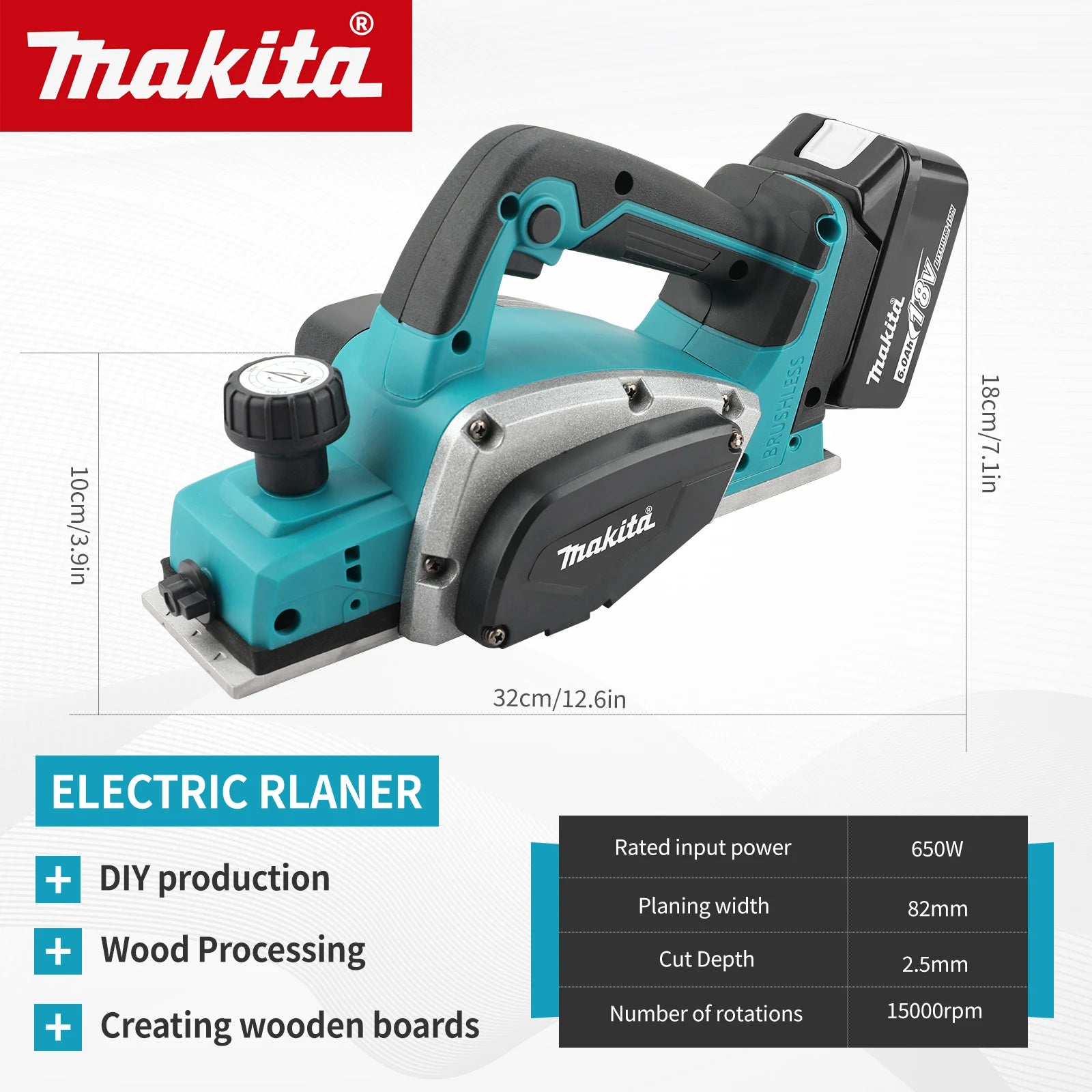 Makita DKP180 Cordless Electric Planer 18V 650W 82mm Width 2.5mm Cut Depth 15000RPM with Ergonomic Handle Woodworking tools