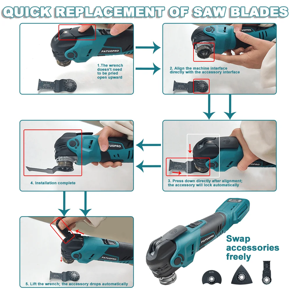 PATUOPRO 5-Speed Cordless Brushless Oscillating Multi Tools Portable Cutting Grinding Trimming Power Tool For Makita 18V Battery