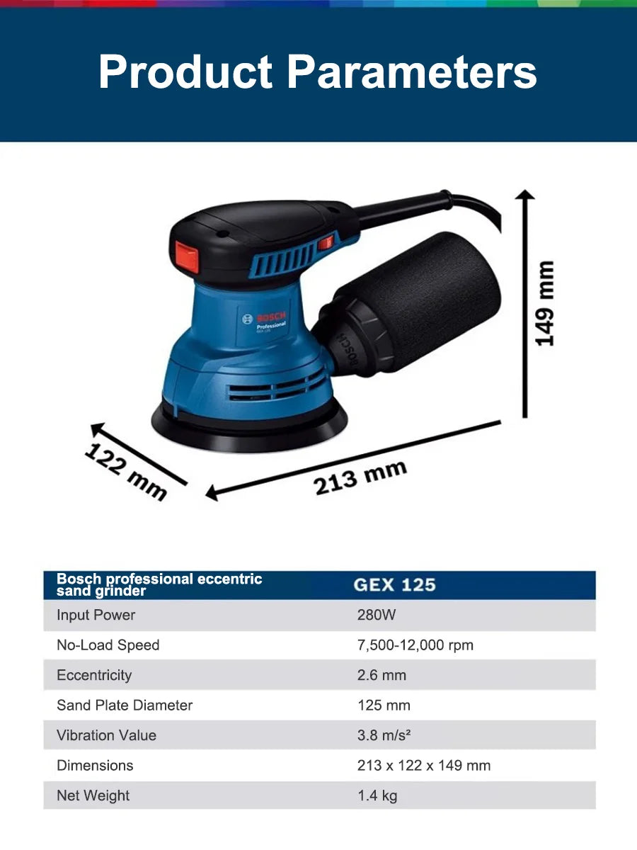 Bosch GEX125 280W Multifunctional Orbital Sander /Sand Grinder/ Sandpaper Machine for Woodworking and Automotive Wall Surfaces