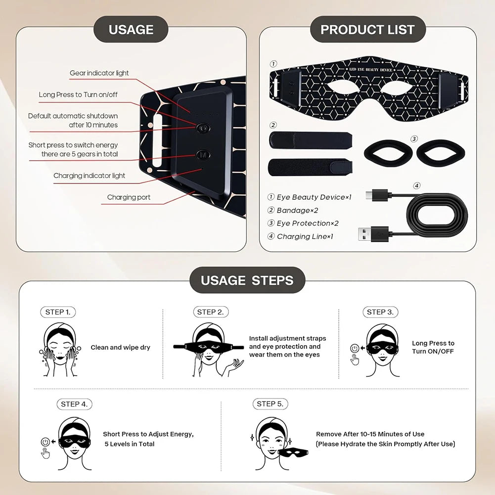 Red Light Eye Mask 630NM 850NM LED Eye Red Light Therapy Eye Mask with 5Modes Massager for Relieve Eye Bag Dark Circle Puffiness