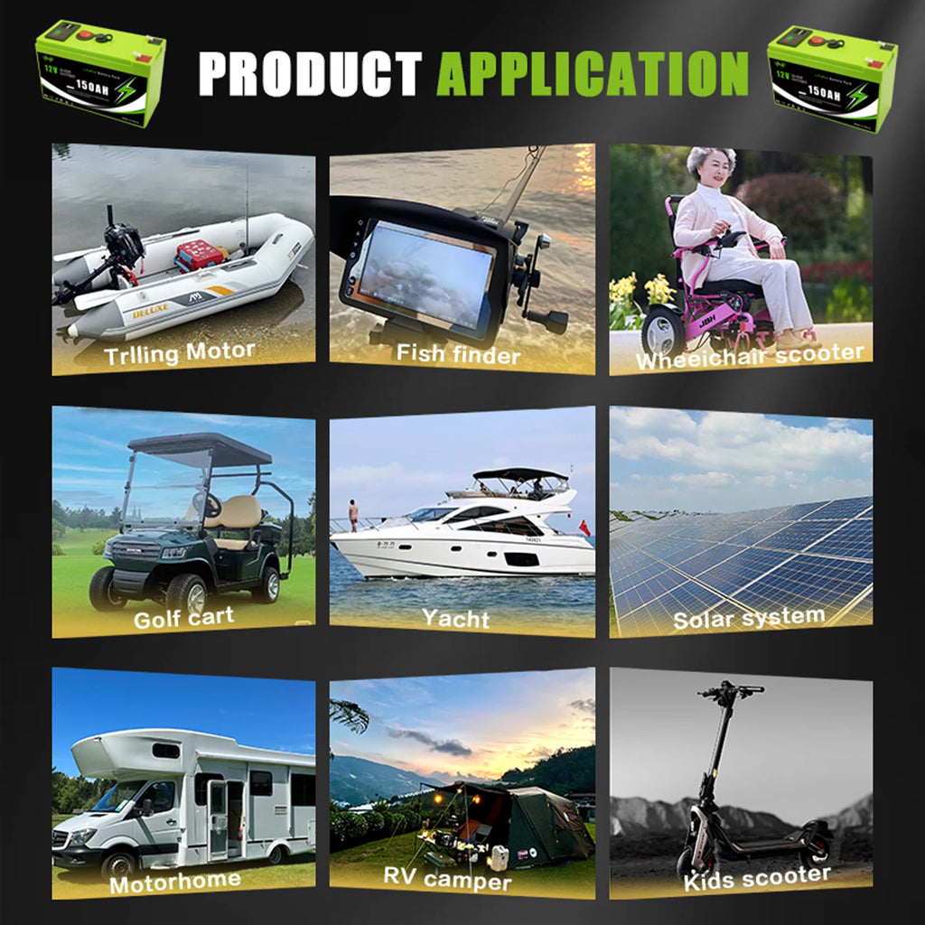 12V LiFePO4 150Ah Lithium Battery 4000+ Deep Cycles, for Power Wheels Toys, Scooter🍠Radio, UPS, Kayak Fish Finder, Solar Panel