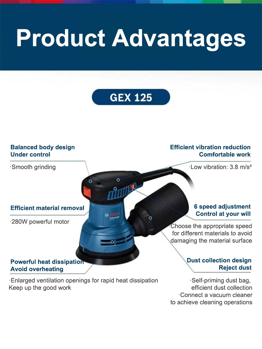 Bosch GEX125 280W Multifunctional Orbital Sander /Sand Grinder/ Sandpaper Machine for Woodworking and Automotive Wall Surfaces