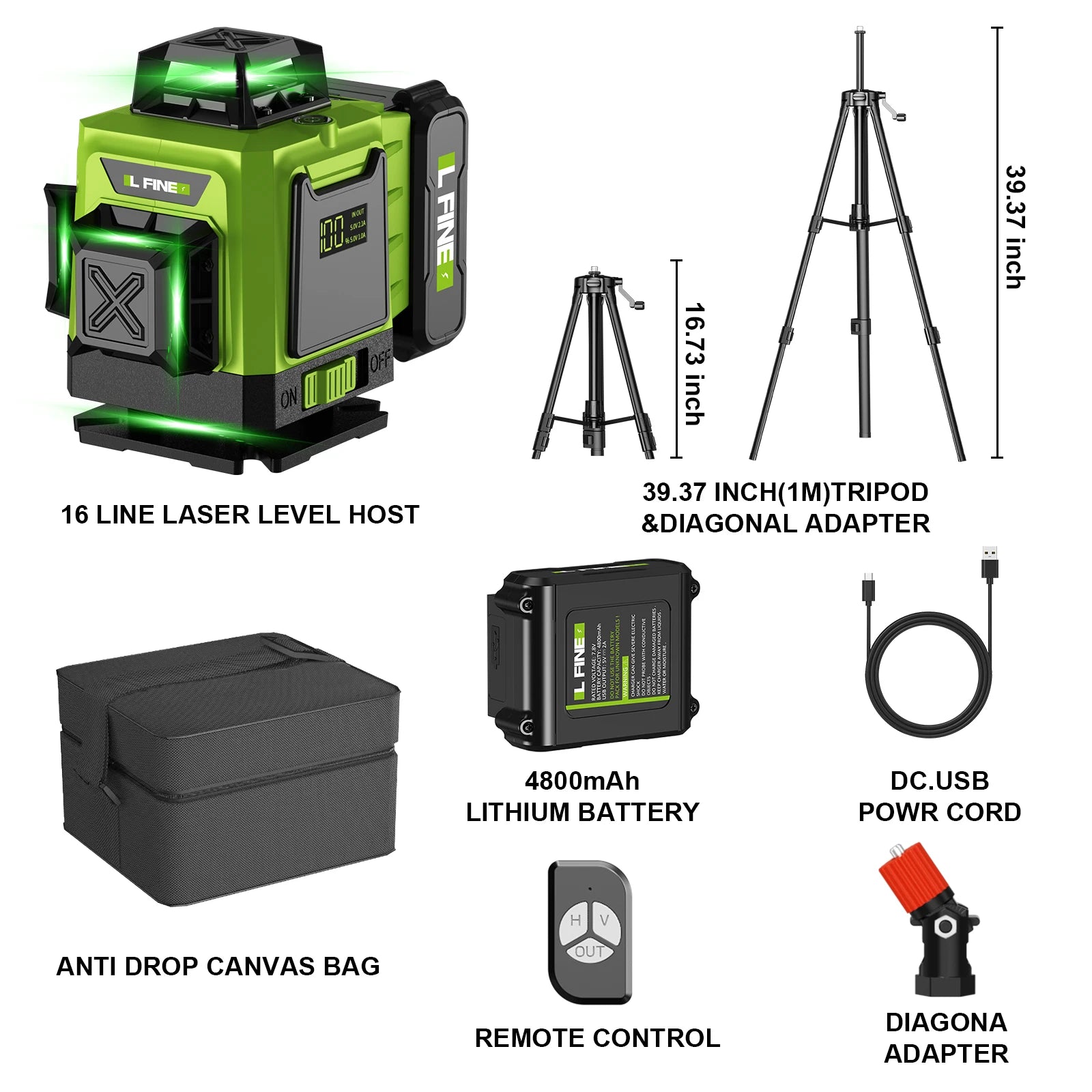 Lfine Nivel Laser 4D 16 Lines 360°Self-leveling Laser Levels withTripod and Suitcase Green Lines Professional Laser Level Tool