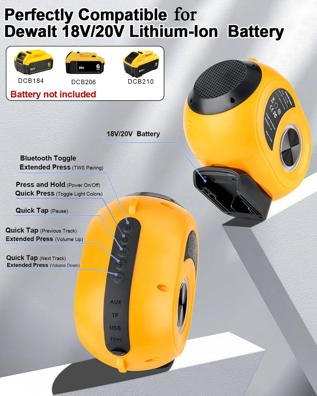For Makita/Bosch/DeWalt/Milwaukee 18/20V Battery Portable High-Definition Sound System Wireless Bluetooth Speaker for Home Party