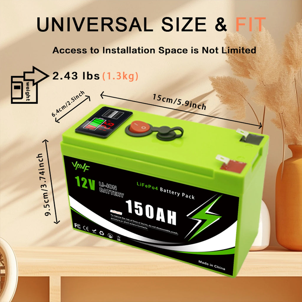 12V LiFePO4 150Ah Lithium Battery 4000+ Deep Cycles, for Power Wheels Toys, Scooter🍠Radio, UPS, Kayak Fish Finder, Solar Panel