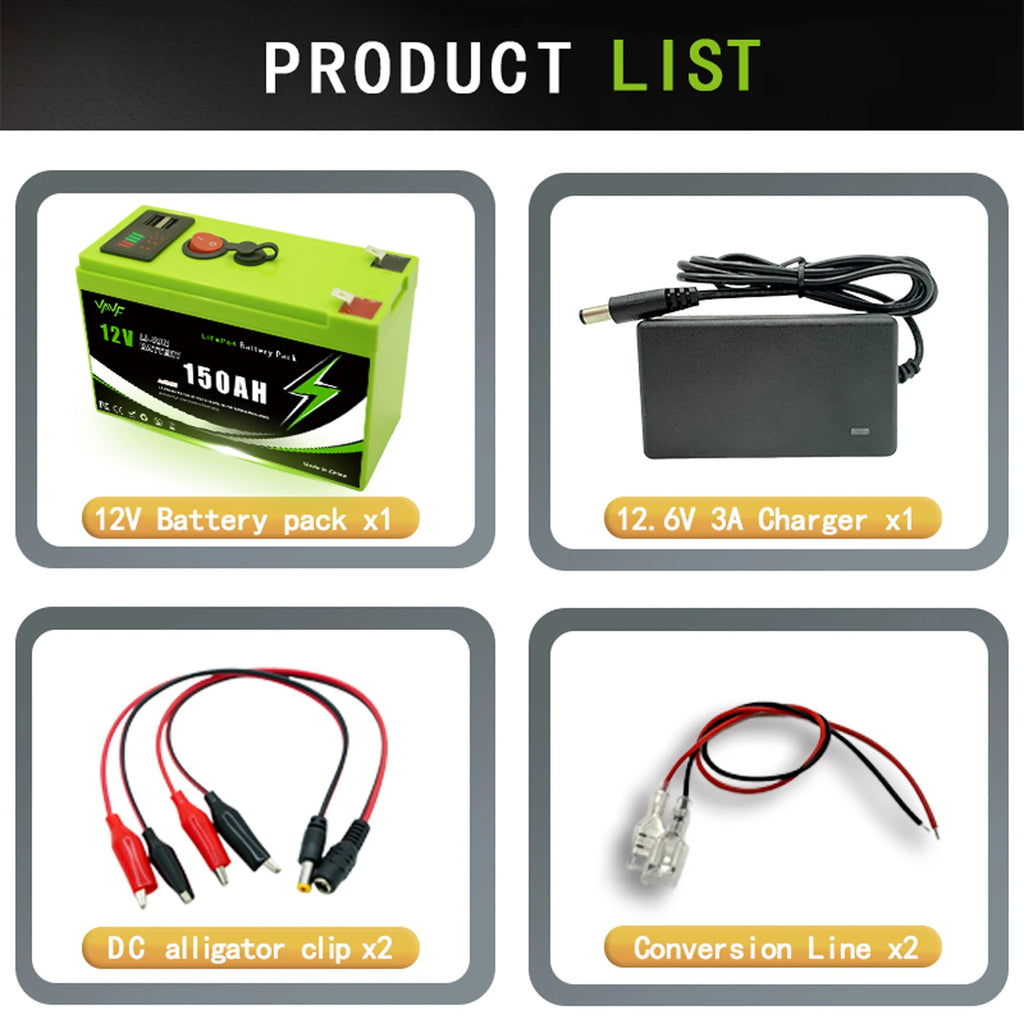 12V LiFePO4 150Ah Lithium Battery 4000+ Deep Cycles, for Power Wheels Toys, Scooter🍠Radio, UPS, Kayak Fish Finder, Solar Panel